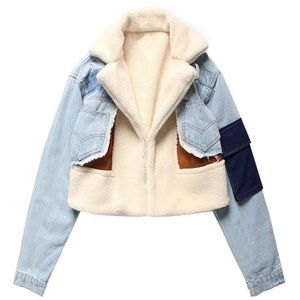 New, Faux shearling and denim jacket.